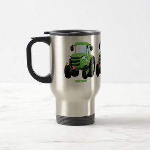 Cute green happy farm tractor cartoon illustration travel mug