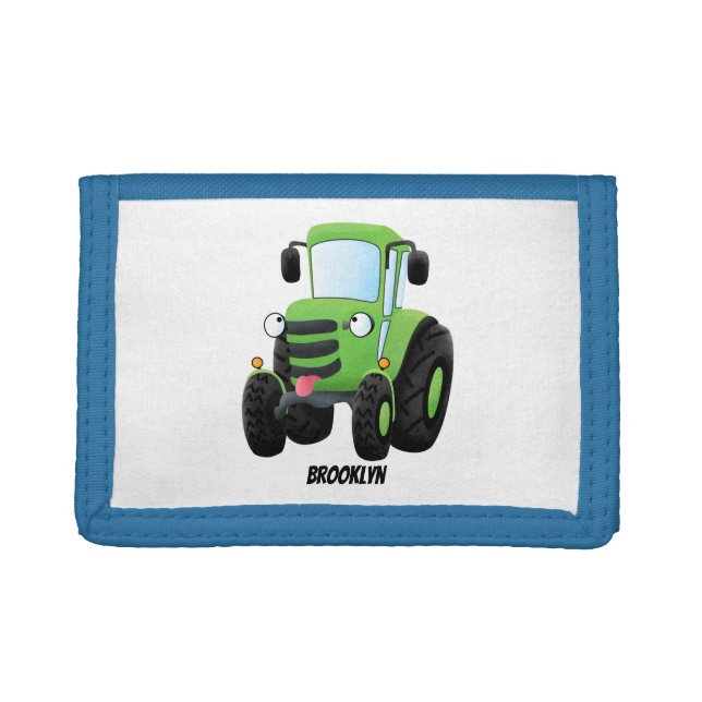 Cute green happy farm tractor cartoon illustration trifold wallet (Front)