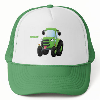 Cute green happy farm tractor cartoon illustration trucker hat