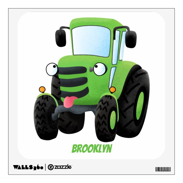 Cute green happy farm tractor cartoon illustration wall decal (Front)