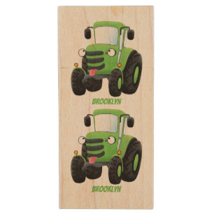 Cute green happy farm tractor cartoon illustration wood flash drive