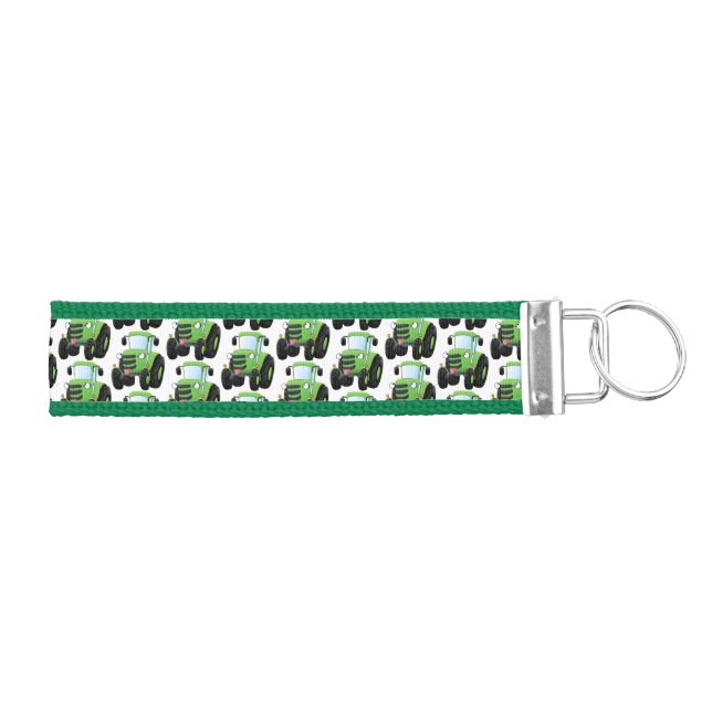 Cute green happy farm tractor cartoon illustration wrist keychain (Keys on Right)