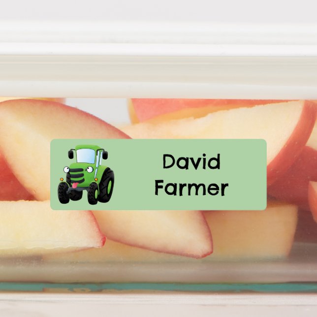 Cute green happy farm tractor cartoon personalized labels (Affixed)