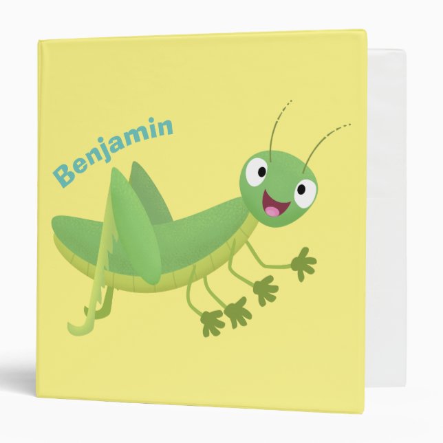 Cute green happy grasshopper cartoon 3 ring binder (Front/Inside)