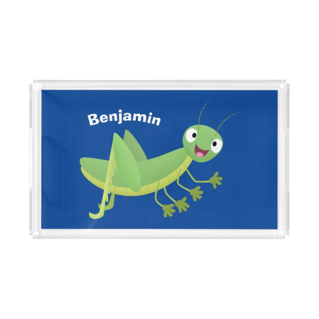 Cute green happy grasshopper cartoon acrylic tray (Front)
