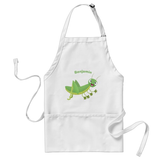 Cute green happy grasshopper cartoon adult apron (Front)