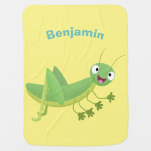 Cute green happy grasshopper cartoon baby blanket