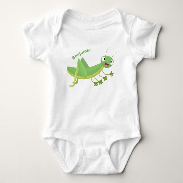 Cute green happy grasshopper cartoon baby bodysuit (Front)