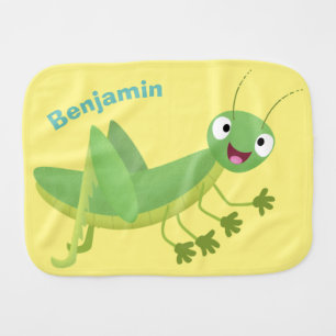 Cute green happy grasshopper cartoon baby burp cloth