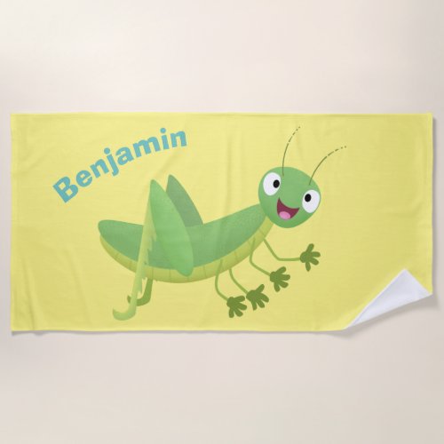 Cute green happy grasshopper cartoon beach towel