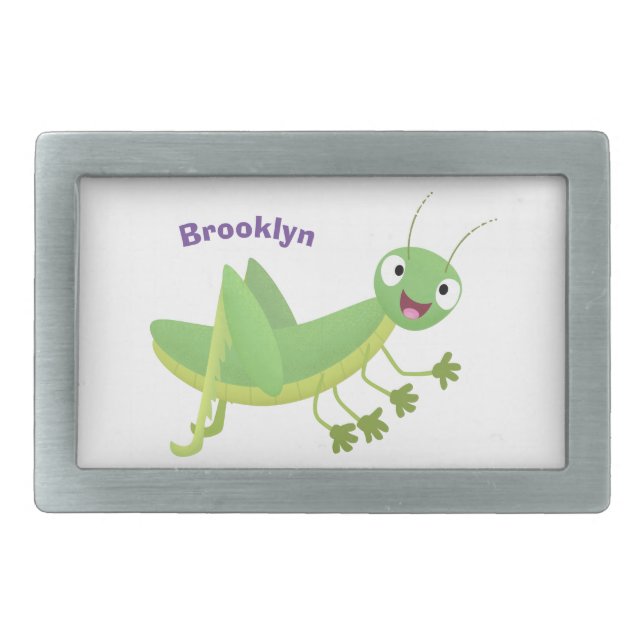 Cute green happy grasshopper cartoon belt buckle (Front)
