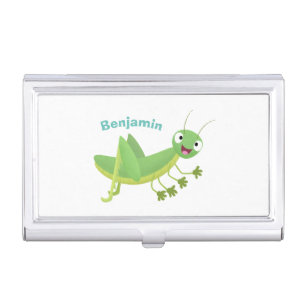 Cute green happy grasshopper cartoon business card case