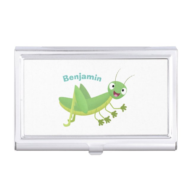 Cute green happy grasshopper cartoon business card case (Front)