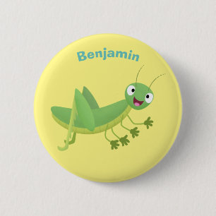 Cute green happy grasshopper cartoon button