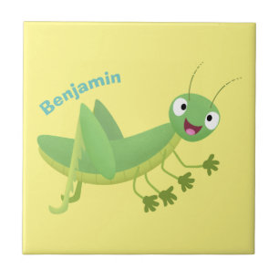 Cute green happy grasshopper cartoon ceramic tile