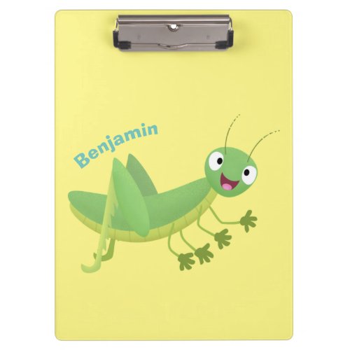 Cute green happy grasshopper cartoon clipboard
