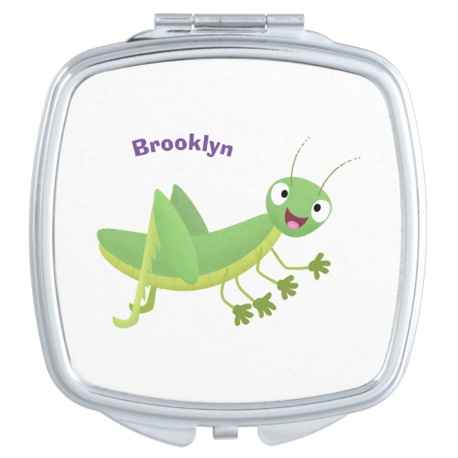 Cute green happy grasshopper cartoon compact mirror (Front)
