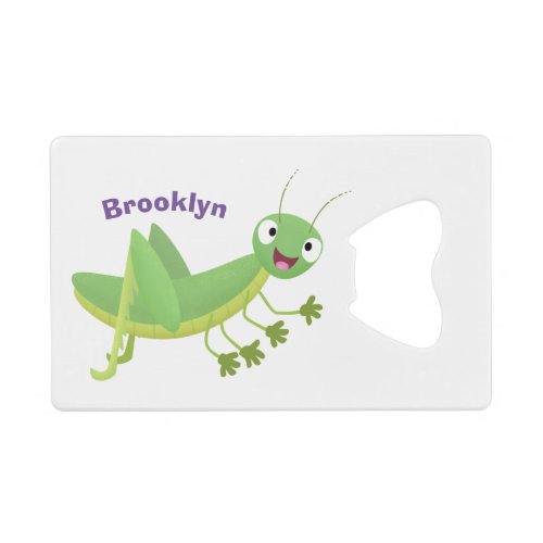 Cute green happy grasshopper cartoon credit card bottle opener