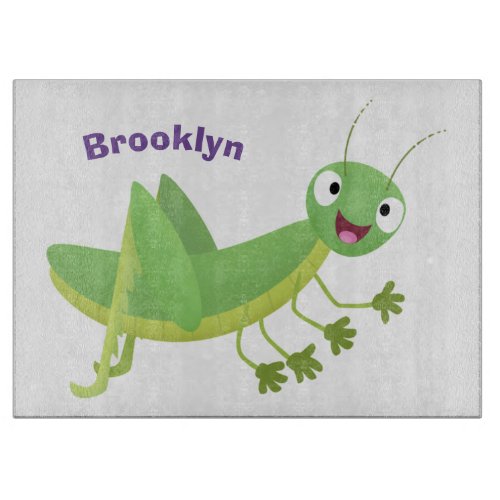 Cute green happy grasshopper cartoon cutting board