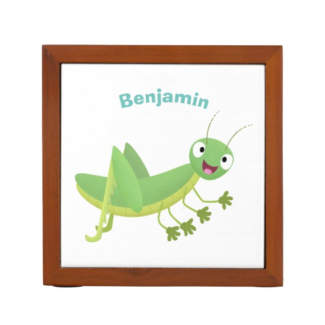 Cute green happy grasshopper cartoon desk organizer (Front)