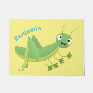 Cute green happy grasshopper cartoon doormat