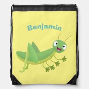 Cute green happy grasshopper cartoon drawstring bag