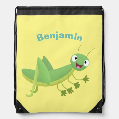 Cute green happy grasshopper cartoon drawstring bag