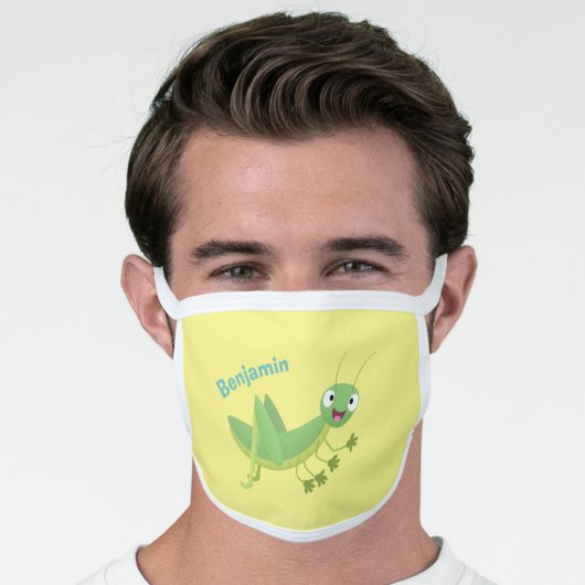 Cute green happy grasshopper cartoon face mask (Worn Him)