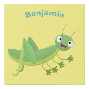 Cute green happy grasshopper cartoon faux canvas print