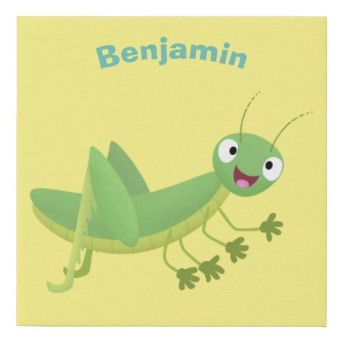 Cute green happy grasshopper cartoon faux canvas print