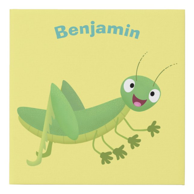 Cute green happy grasshopper cartoon faux canvas print (Front)