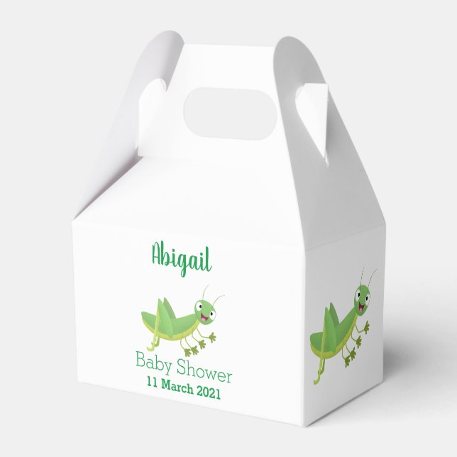 Cute green happy grasshopper cartoon favor boxes (Front Side)
