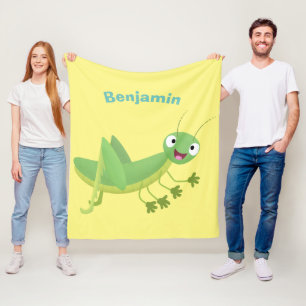 Cute green happy grasshopper cartoon fleece blanket