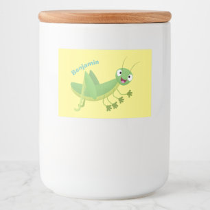 Cute green happy grasshopper cartoon food label
