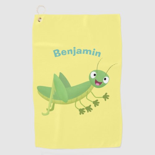 Cute green happy grasshopper cartoon golf towel