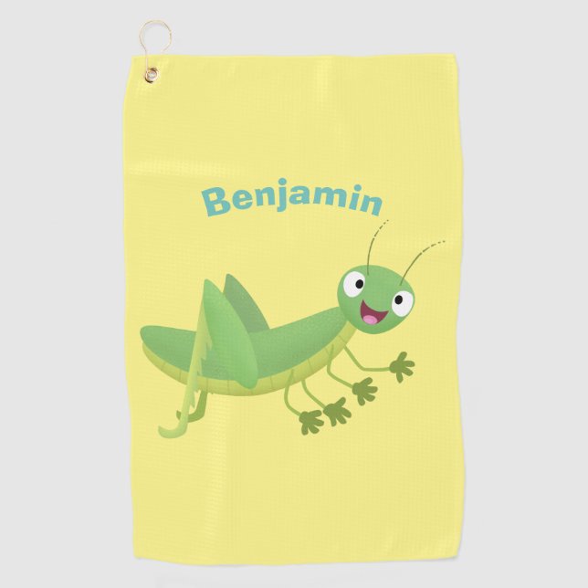 Cute green happy grasshopper cartoon golf towel (Front)