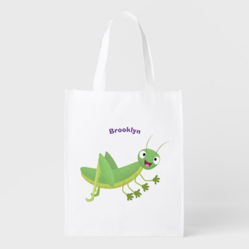 Cute green happy grasshopper cartoon grocery bag