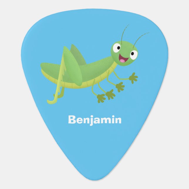 Cute green happy grasshopper cartoon guitar pick (Front)