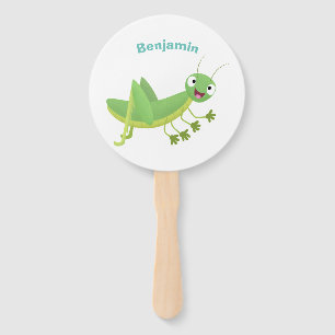 Cute green happy grasshopper cartoon hand fan