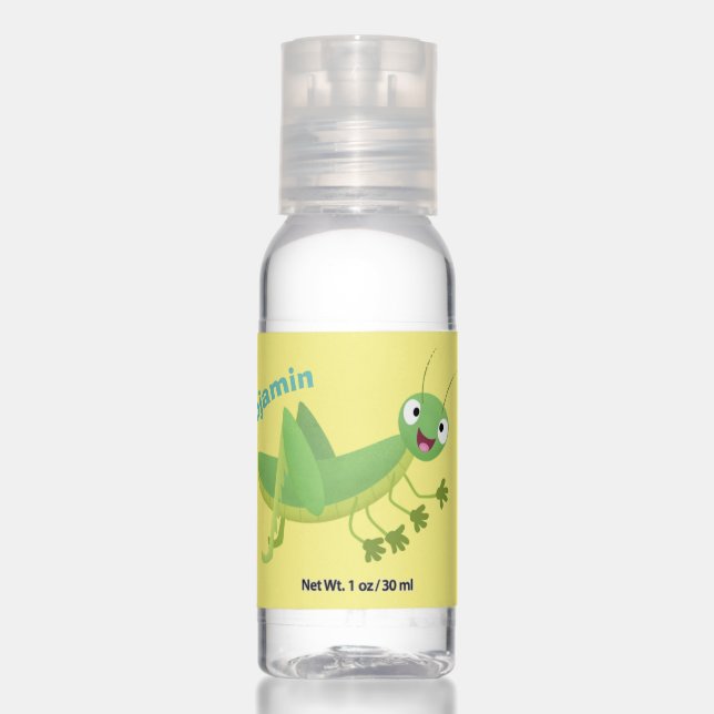 Cute green happy grasshopper cartoon hand sanitizer (Front)