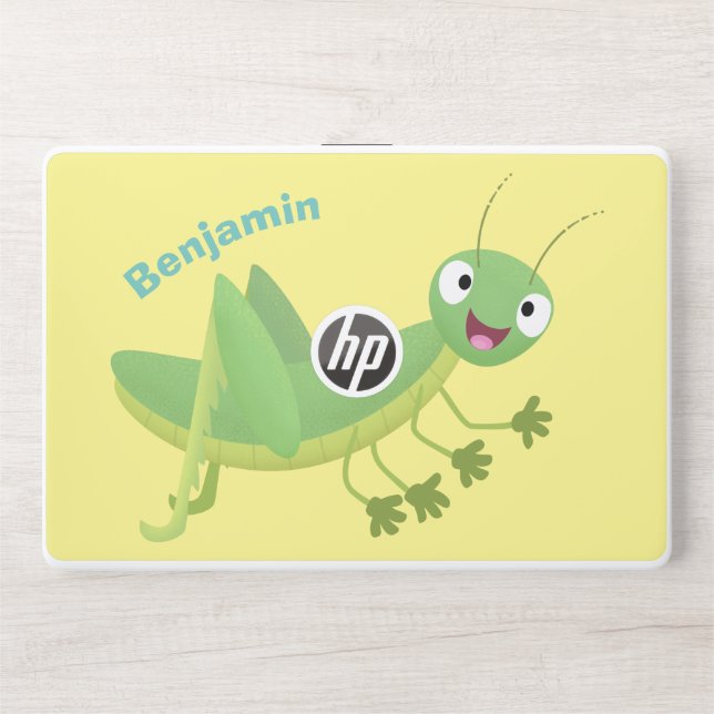 Cute green happy grasshopper cartoon HP laptop skin (Front)