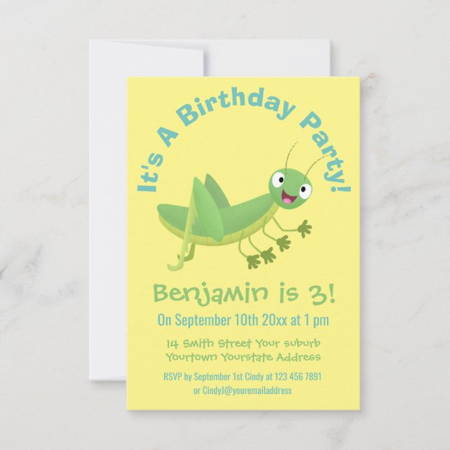 Cute green happy grasshopper cartoon invitation (Front)