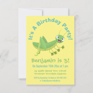 Cute green happy grasshopper cartoon invitation