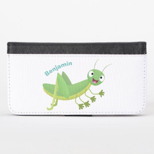 Cute green happy grasshopper cartoon iPhone x wallet case