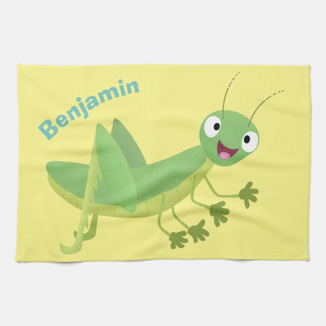 Cute green happy grasshopper cartoon kitchen towel (Horizontal)