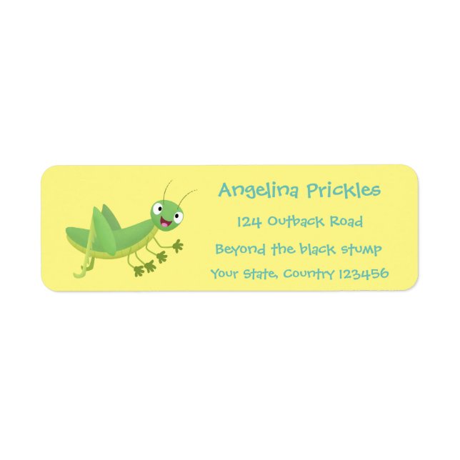 Cute green happy grasshopper cartoon label (Front)