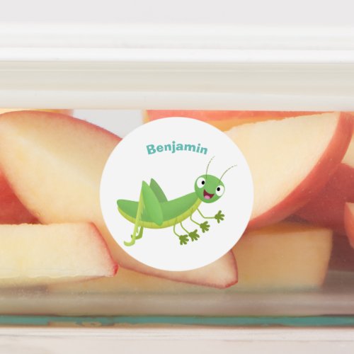 Cute green happy grasshopper cartoon labels