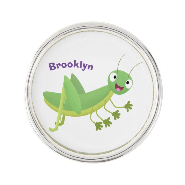 Cute green happy grasshopper cartoon lapel pin (Front)