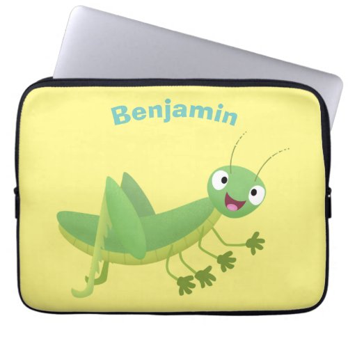 Cute green happy grasshopper cartoon laptop sleeve