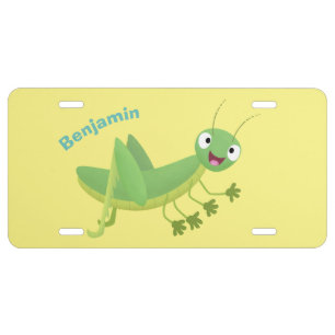 Cute green happy grasshopper cartoon license plate